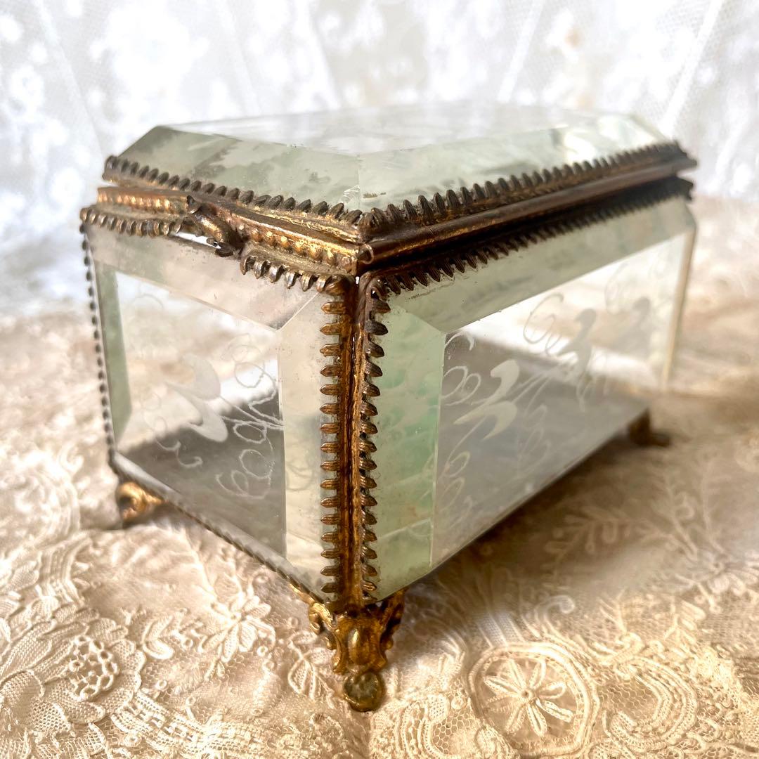 ローズ柄ベベルガラスジュエリーボックス　アクセサリーケース　フランスアンティーク