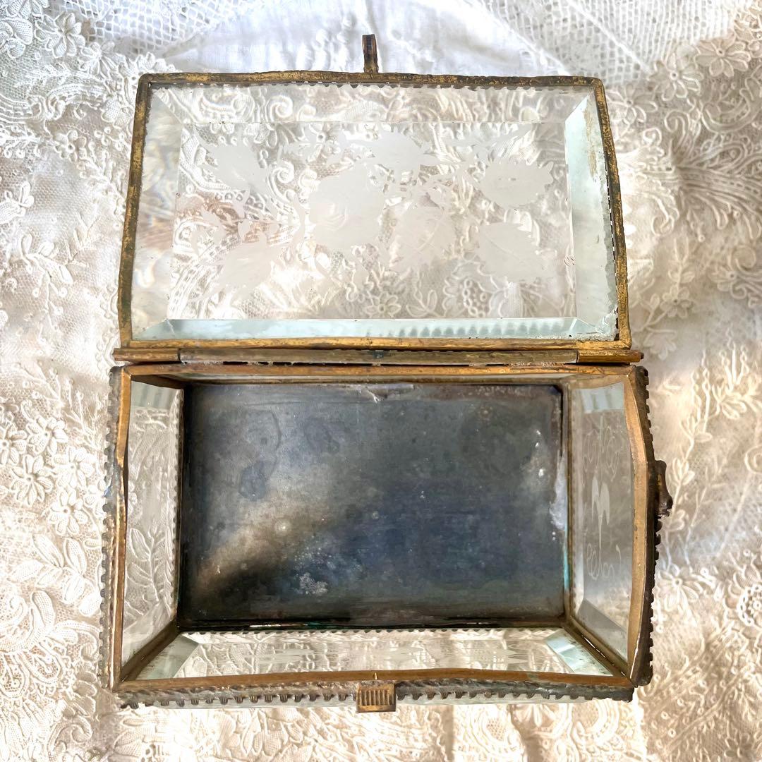 ローズ柄ベベルガラスジュエリーボックス　アクセサリーケース　フランスアンティーク