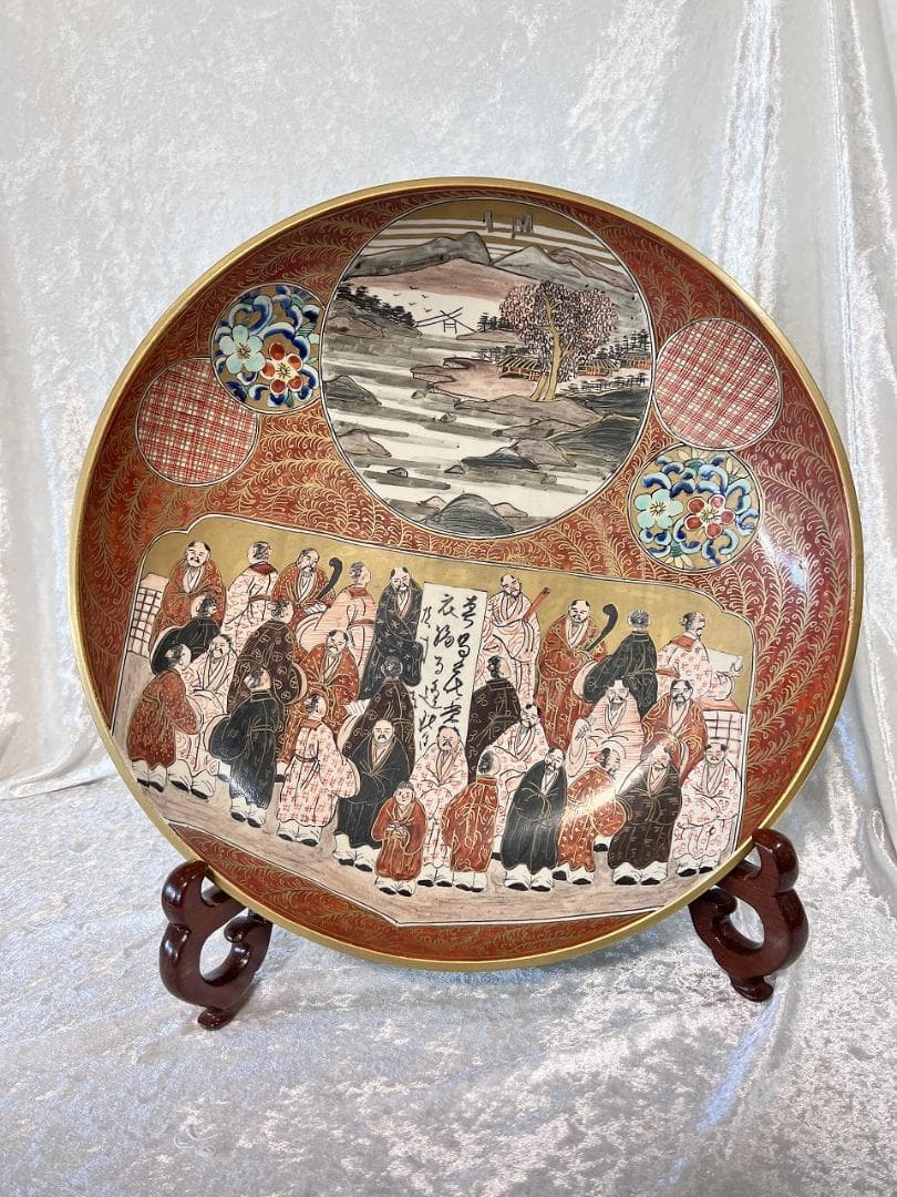 九谷焼金彩赤絵羅漢紋大皿　明治期