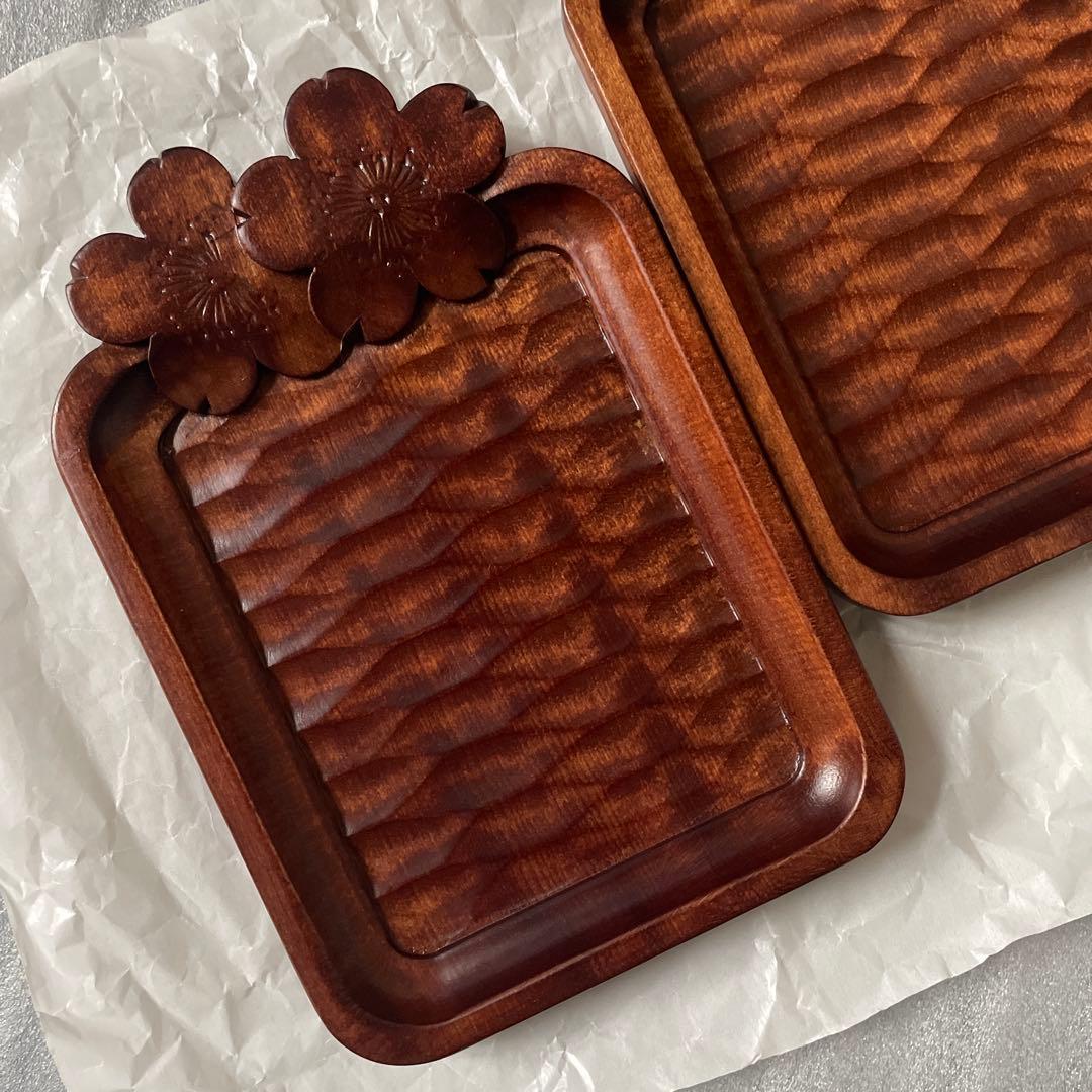 軽井沢彫　桜彫り　銘々皿　菓子皿　角皿　　　　木製トレイ　コースター　２枚セット