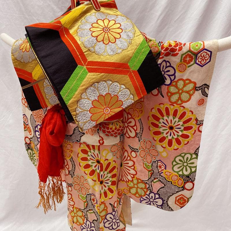 508ag89◎七五三 七歳 女児 アンティーク着物&袋帯 総柄 ピンク◎