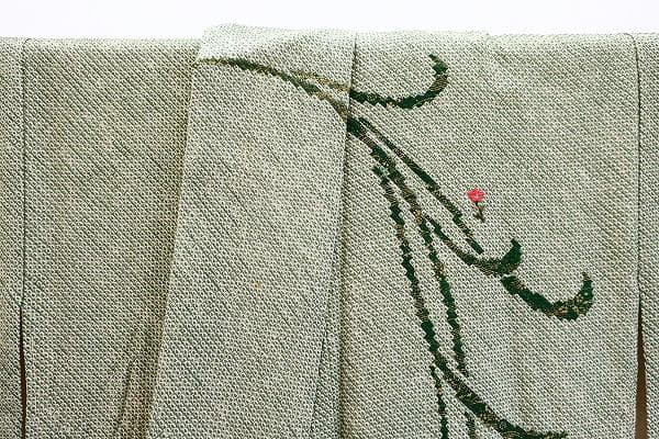 訪問着 総絞り くすんだ黄緑 草色 枝花 刺繍 身丈159cm 裄丈64cm