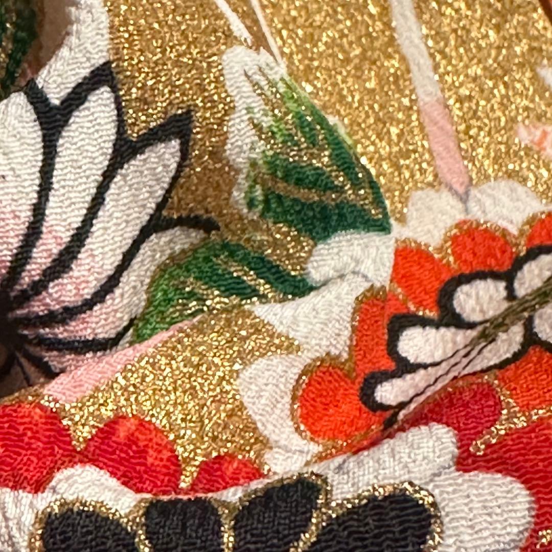 七五三 7歳 四つ身着物 レトロ柄 牡丹 鶴 金彩 美品