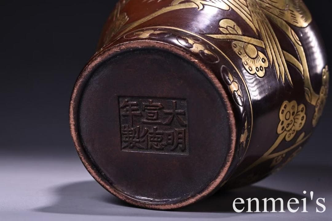中国古美術・旧蔵鎏金の将軍罐・純手作り・純紫銅製・高浮彫・案頭・文房具・禮品