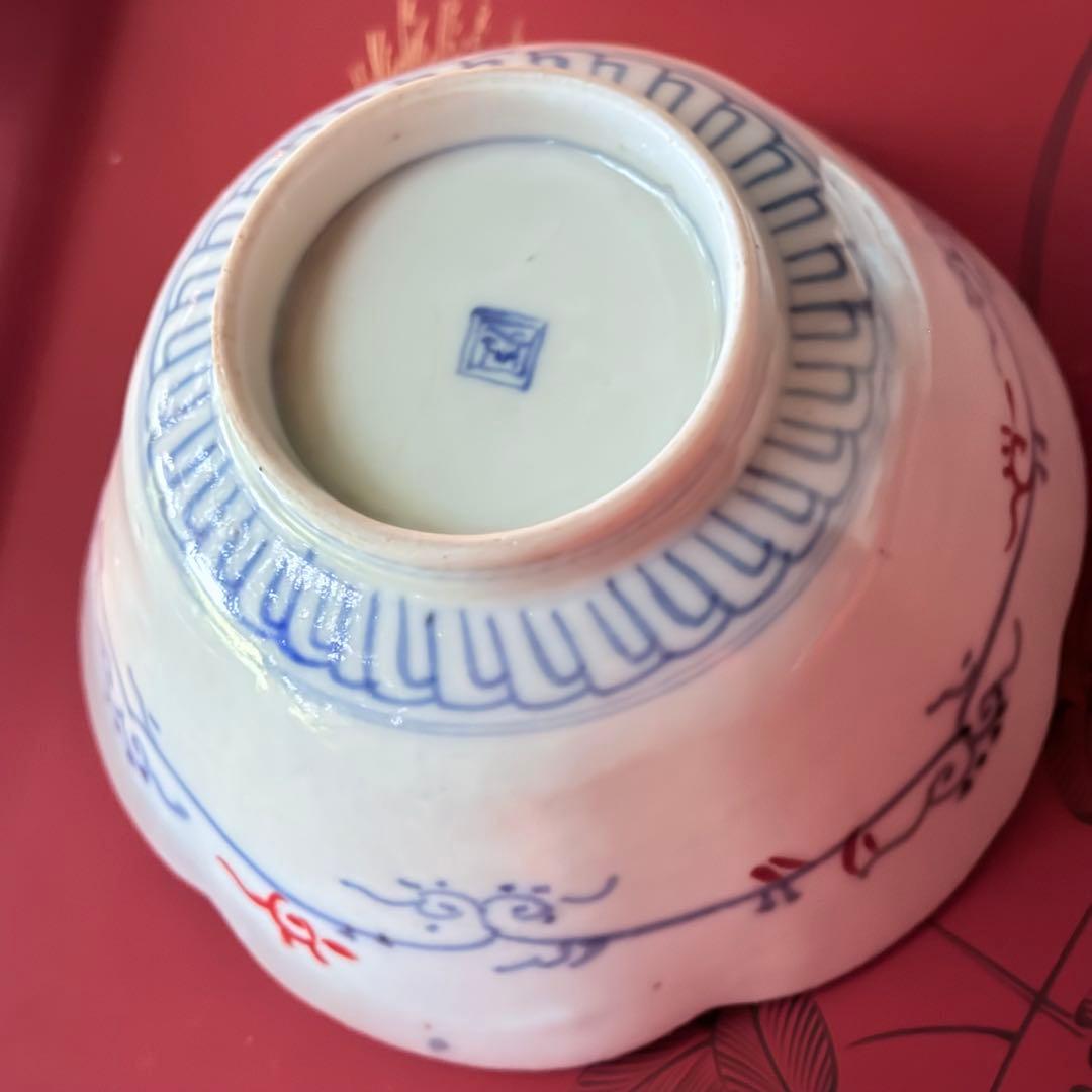 超限定価格‼️伊万里錦手向付おひたしにはこれ‼️桃手に鶴と竹六弁花在銘向付5客