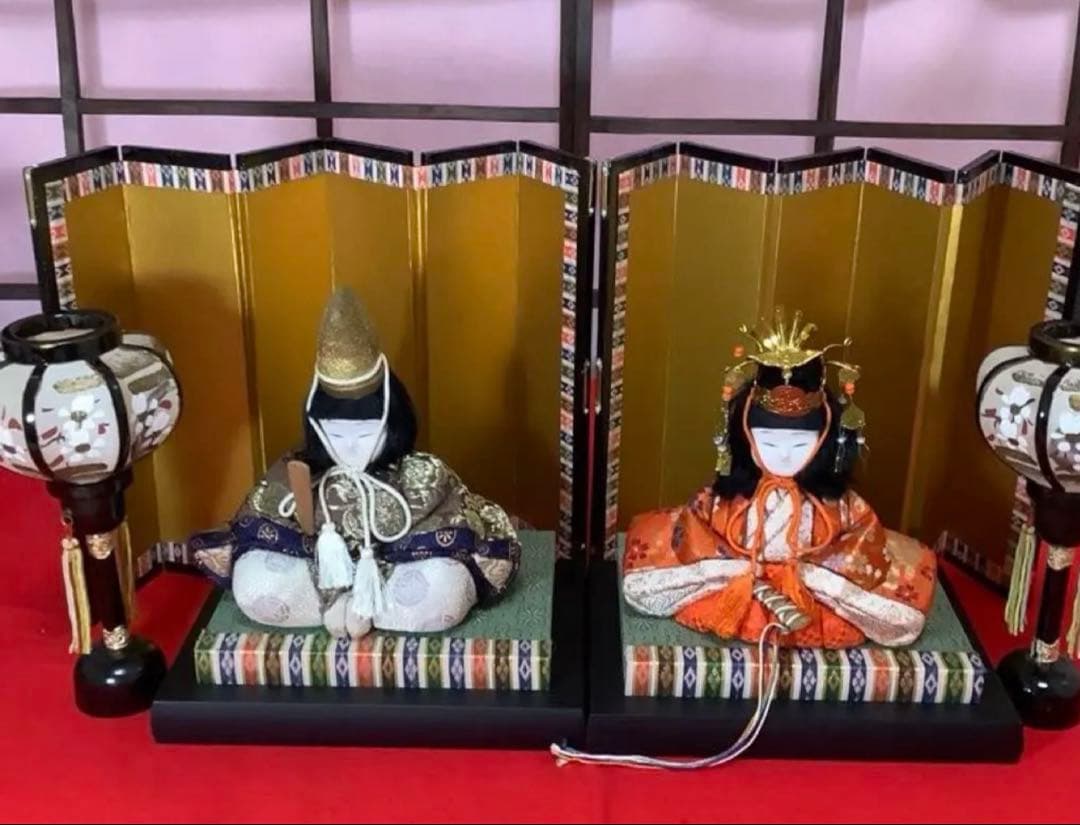【木目込み人形】 雛飾りセット ①親王飾り② 木製親王台③小型屏風④小型ぼんぼり