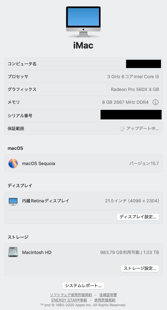 【Apple iMac 2019 21.5インチ】引越し処分 1TB