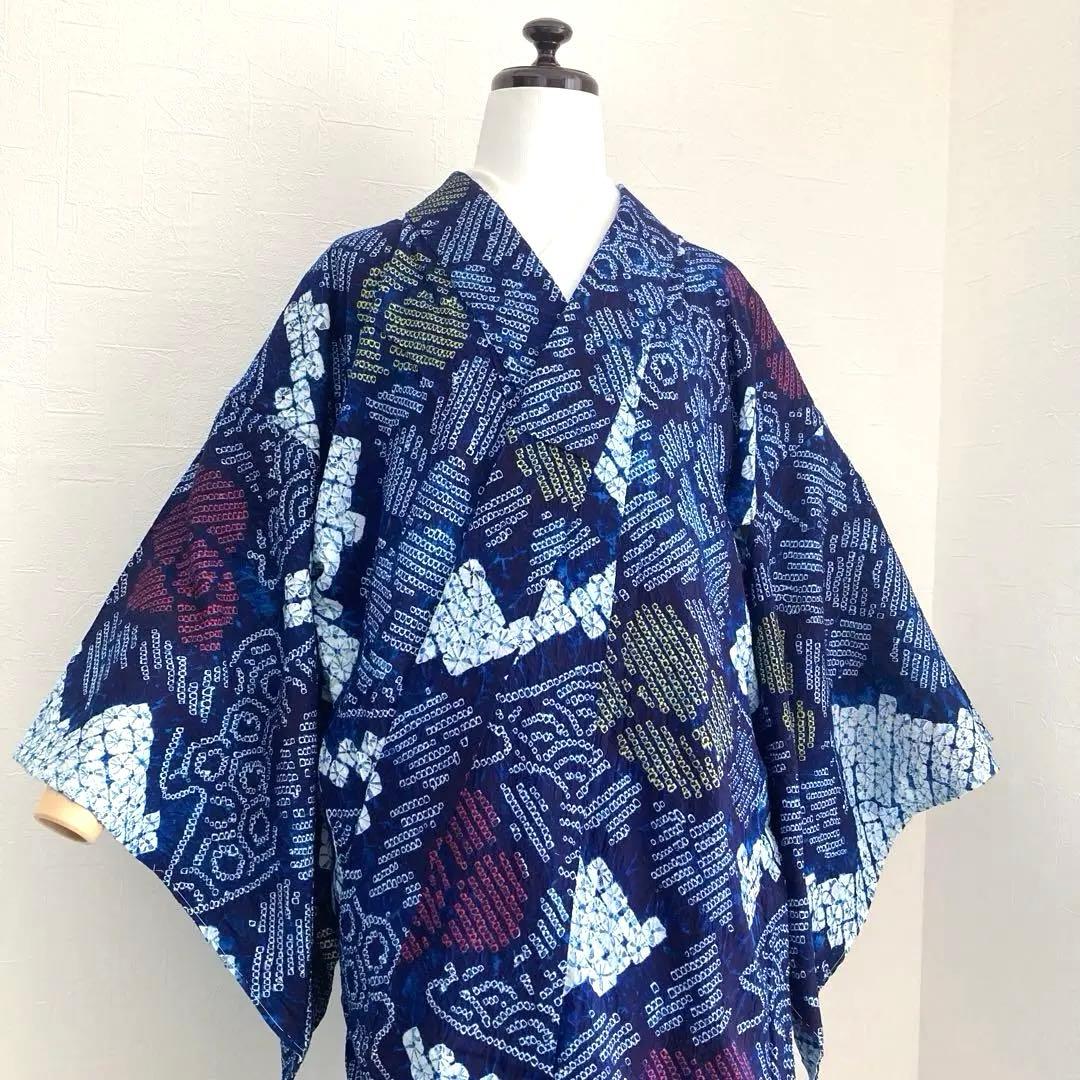 有松鳴海絞り・蜘蛛絞り浴衣　未使用しつけ付　手縫い　絞り浴衣　大輪花模様　N85