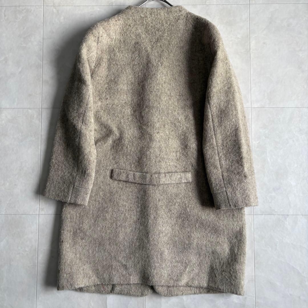 パラスパレス ウール縮絨ノーカラーコート レザー 貝ボタン2 ベージュ系