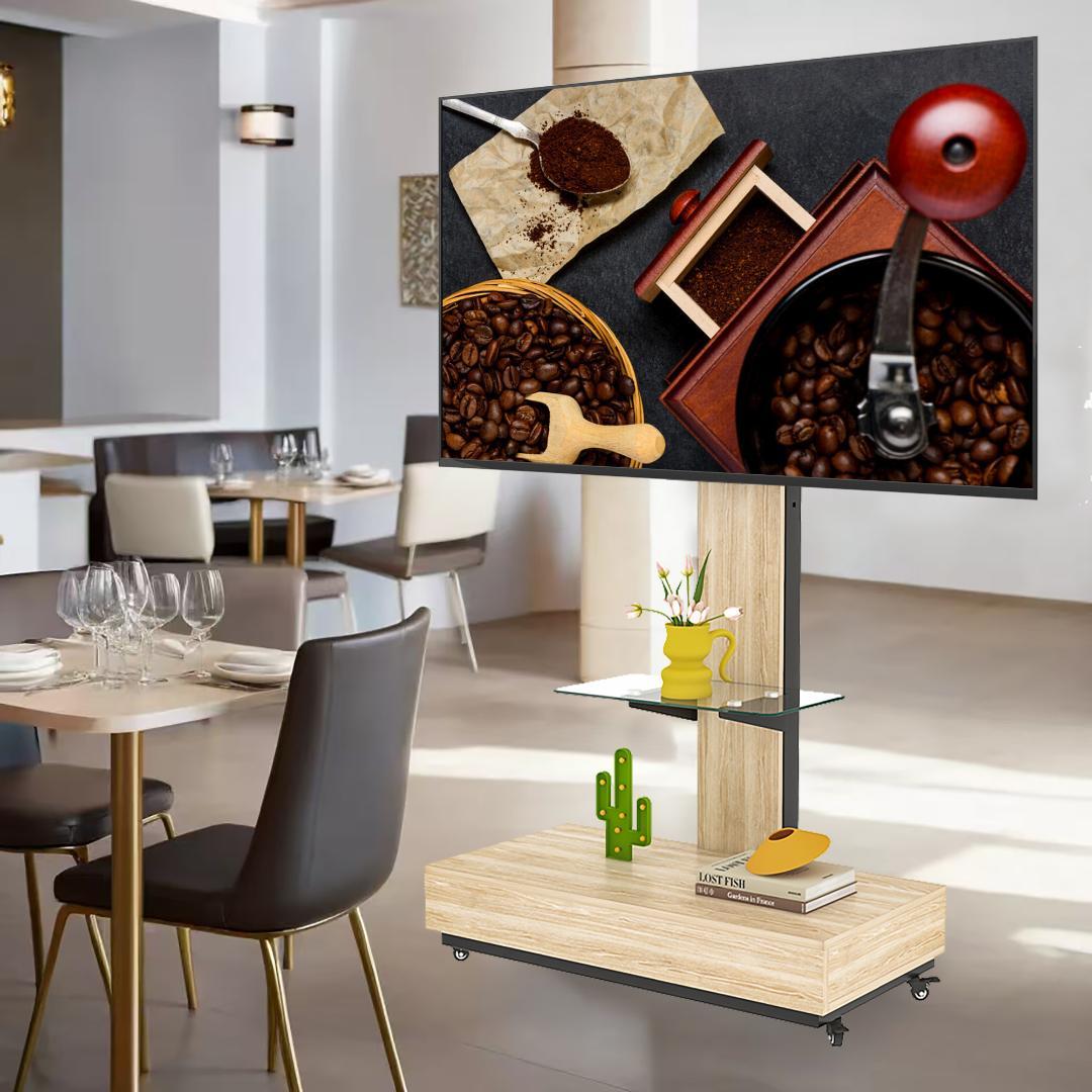 引き出し付き 可動式TVスタンド 32-75インチ対応 高さ調整可 木&ガラス製