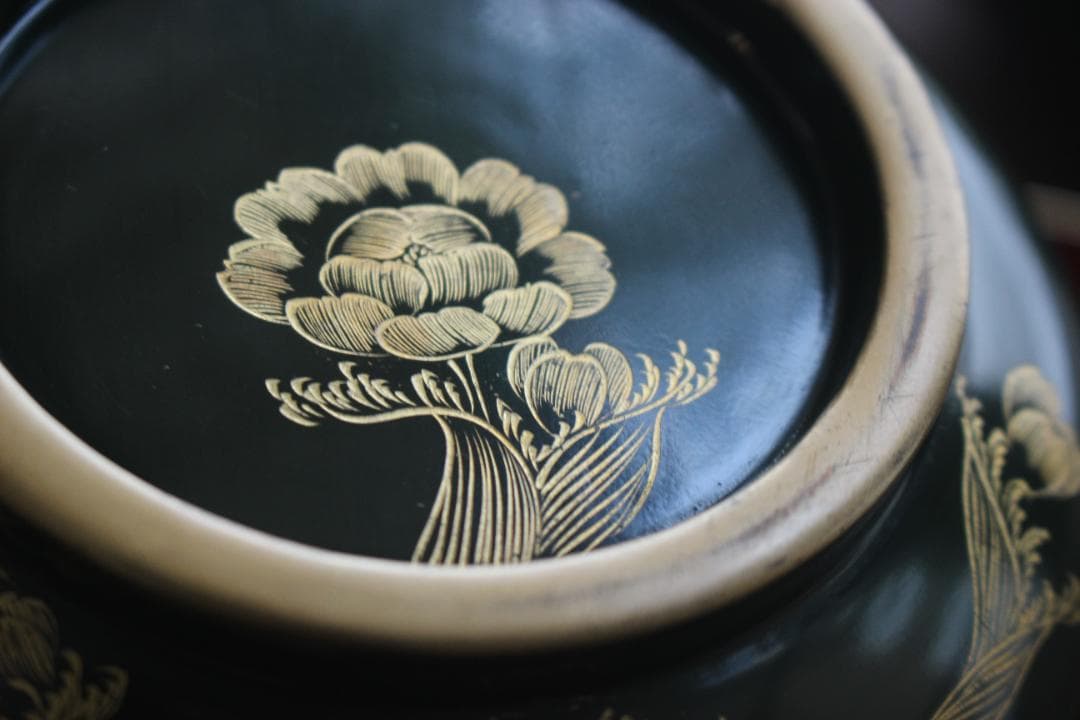 小傷有！時代青塗りに優美な福寿草沈金の煮物椀2点（検輪島塗蒔絵椀沈金椀雑煮椀