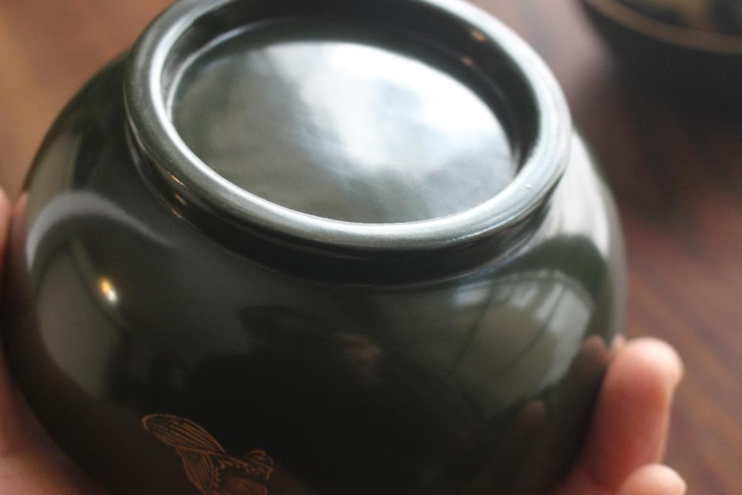 小傷有！時代青塗りに優美な福寿草沈金の煮物椀2点（検輪島塗蒔絵椀沈金椀雑煮椀