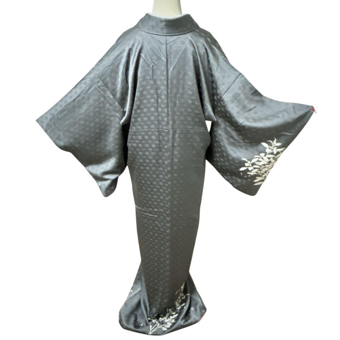 A151愛華 訪問着　錆鼠色　花地紋　染め花　正絹　フォーマル　身丈164cm