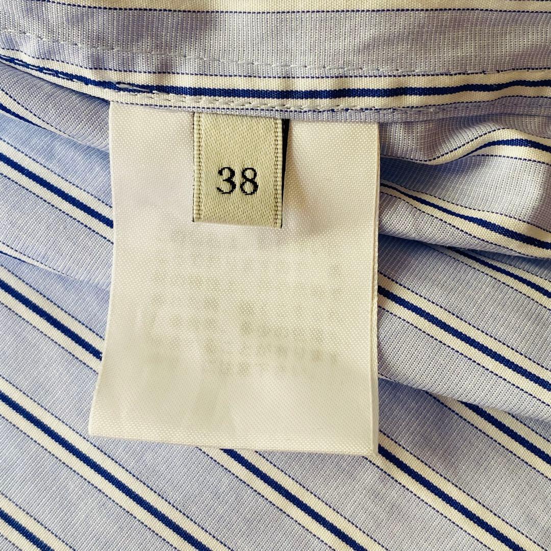 【美品】ebure　エブール　ストライプ長袖シャツ　バンドカラー　ロゴ刺繍