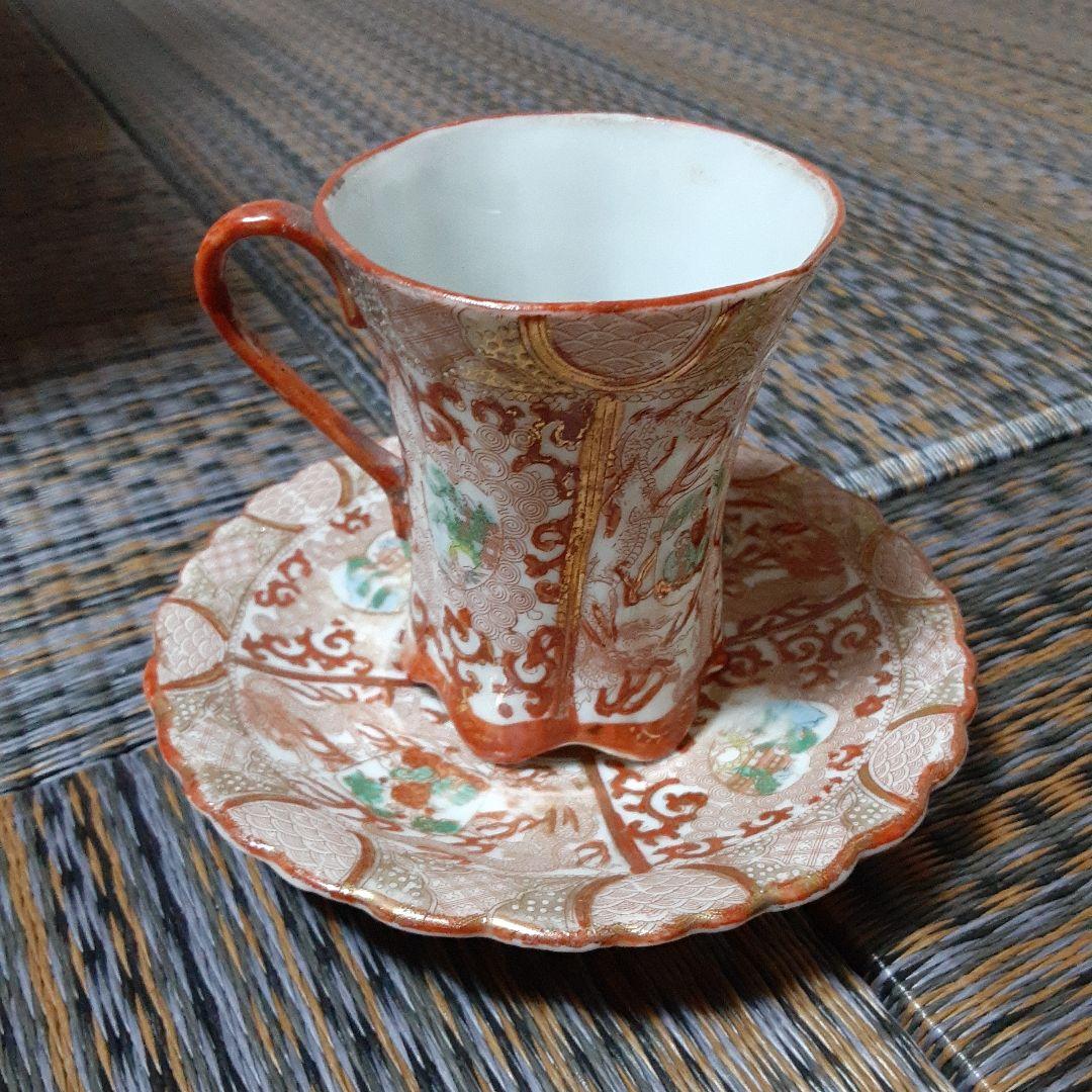 古い幕末明治超絶技巧カップ&ソーサーセット/金錦窓寿龍唐草青海波/卵殻手高級骨董