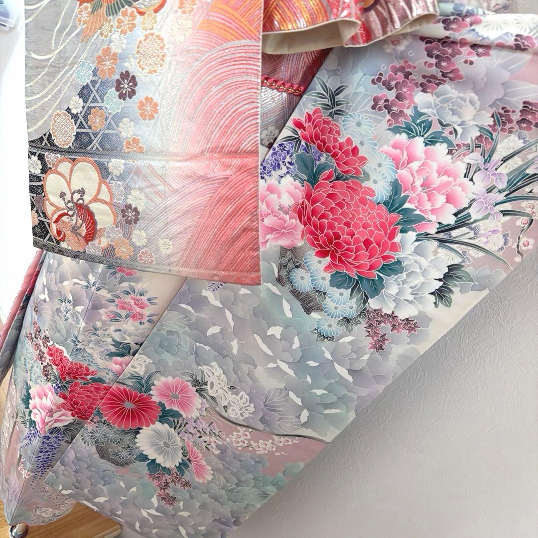 490 振袖フルセット 正絹 オフホワイト グレー 銀彩 暈し染め