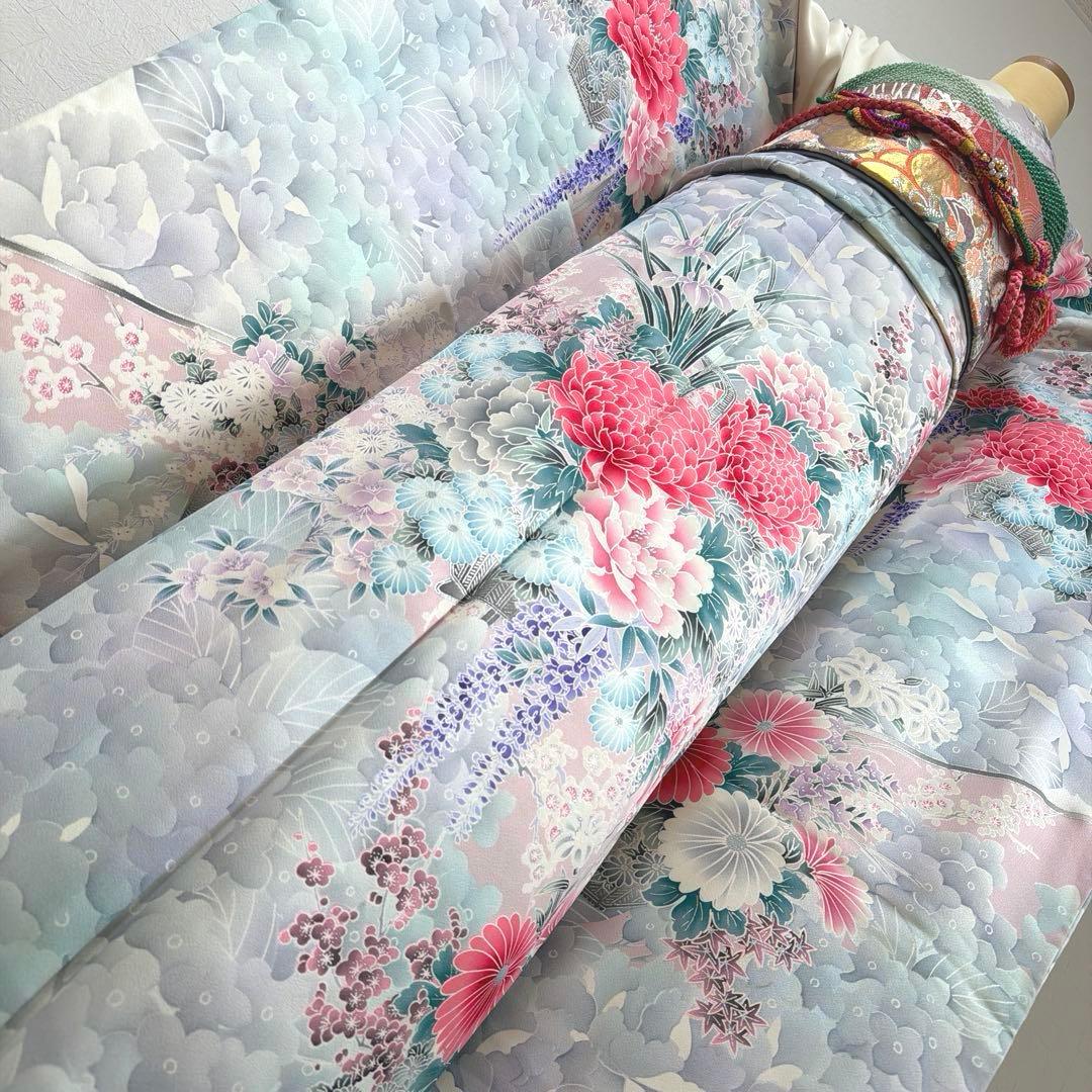 490 振袖フルセット 正絹 オフホワイト グレー 銀彩 暈し染め