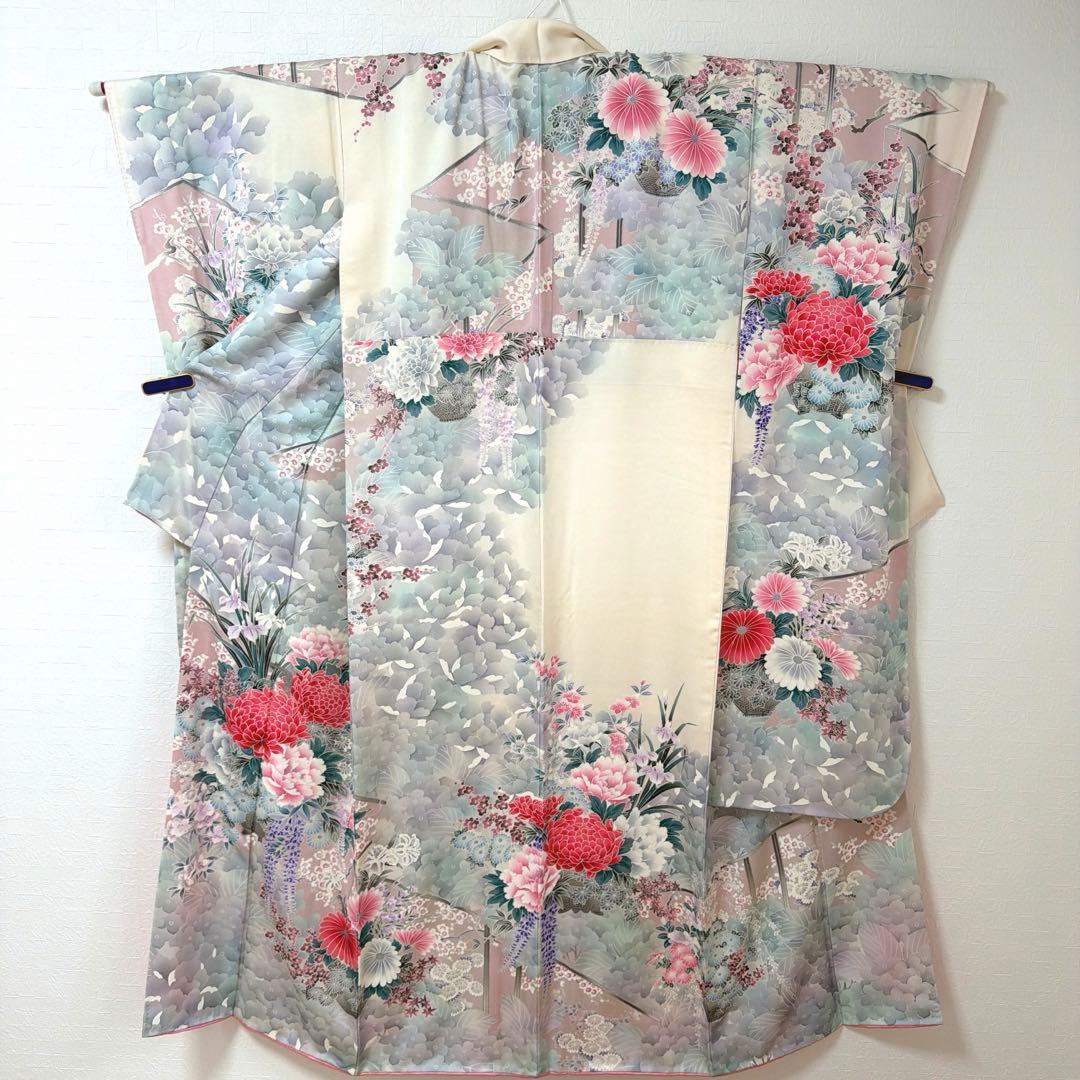 490 振袖フルセット 正絹 オフホワイト グレー 銀彩 暈し染め