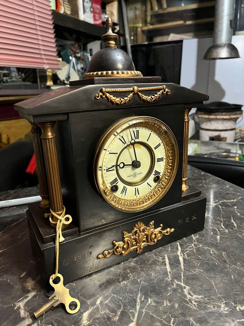 アンティーク置き時計、精工舎鉄製置き時計、14K使用、ゼンマイ置き時計、置時計