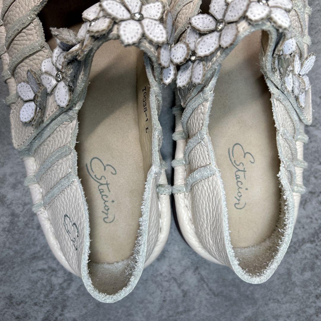 極美品【エスタシオン】お花 レザーメリージェーン/厚底/フラワー/ビジュー/幅広