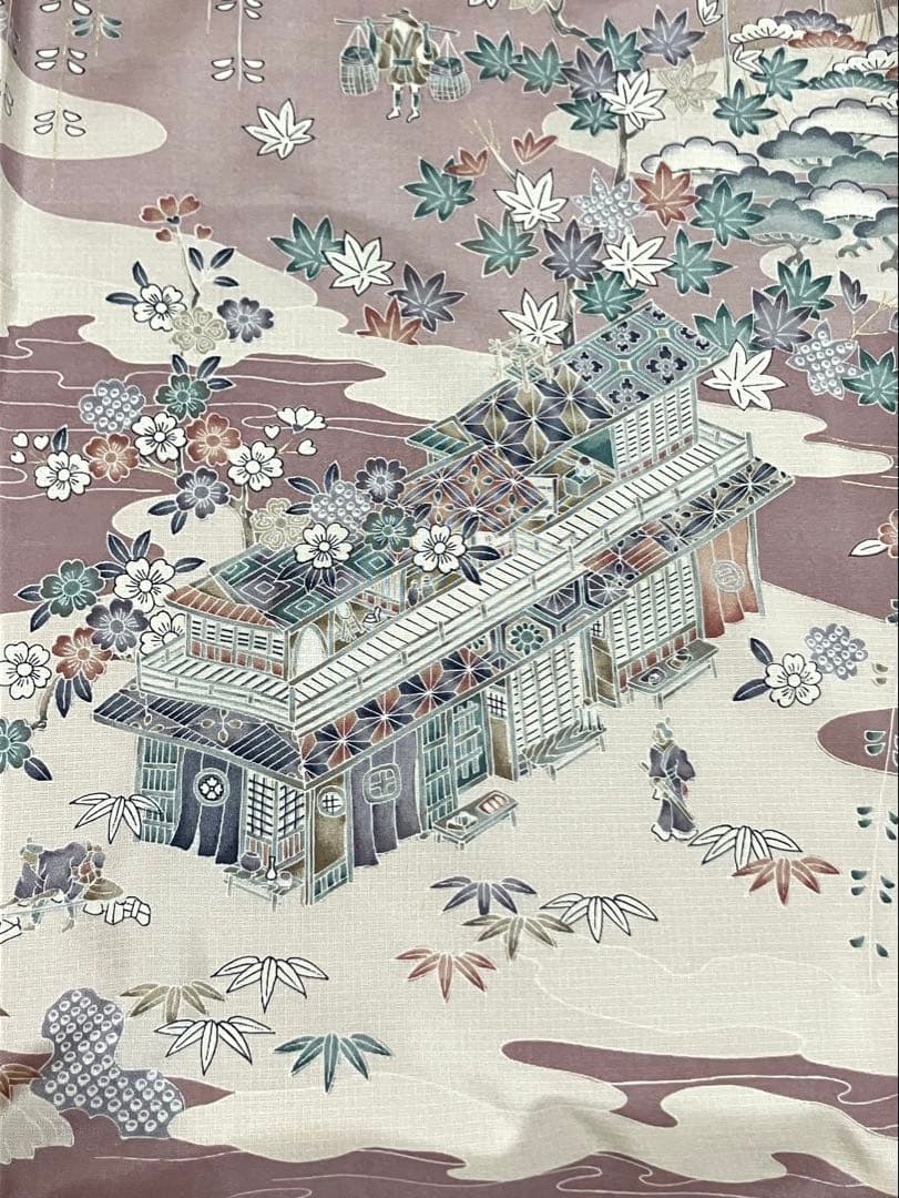 本場縞大島紬 付下げ訪問着 型絵染 桜楓楼閣 江戸風景 共八掛 証紙 イ6605