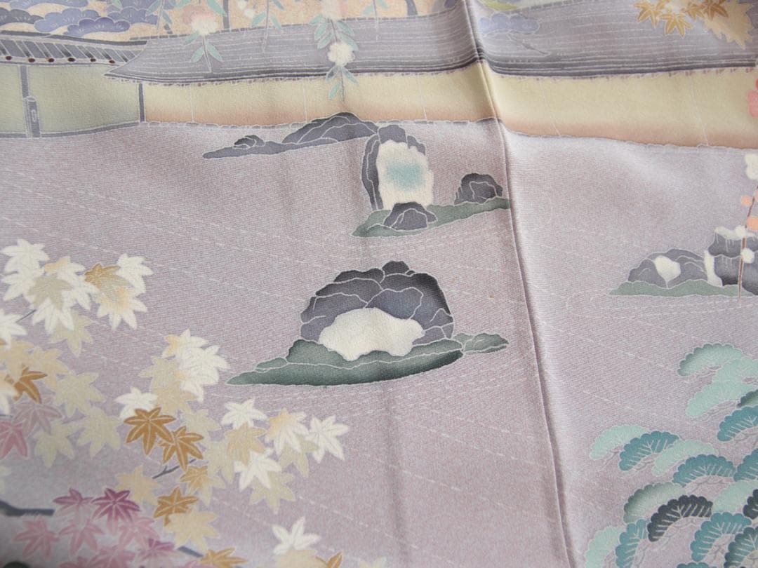 未使用　友禅柄　160cm　Mサイズ　灰水色　正絹色留袖　a919