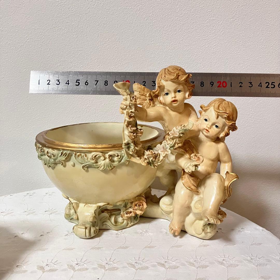 イタリア製 天使 エンジェル アンティーク調 置物 小物入れ／陶器製 バスケット