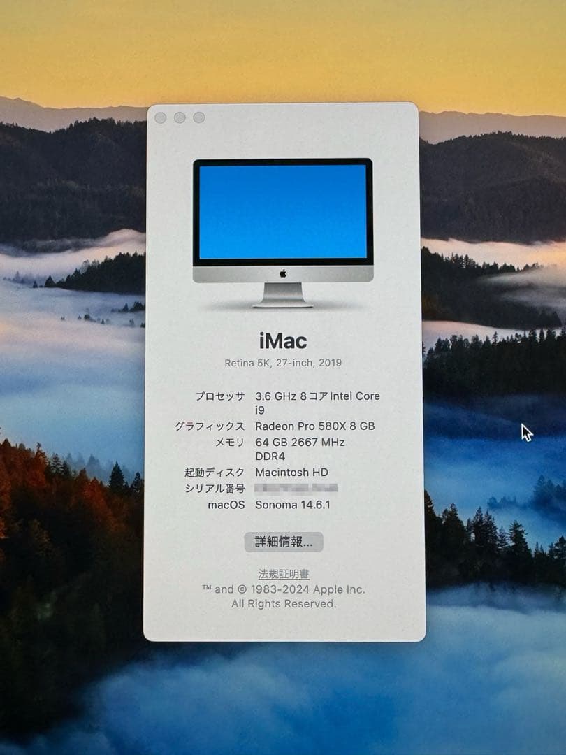 iMac 2019 Retina 5K 27インチ i9 64GB SSD1TB