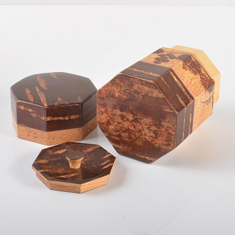 茶道具　桜皮細工　木地本けやき　八角茶筒　茶合　御茶筒　三点　共箱　V　5718