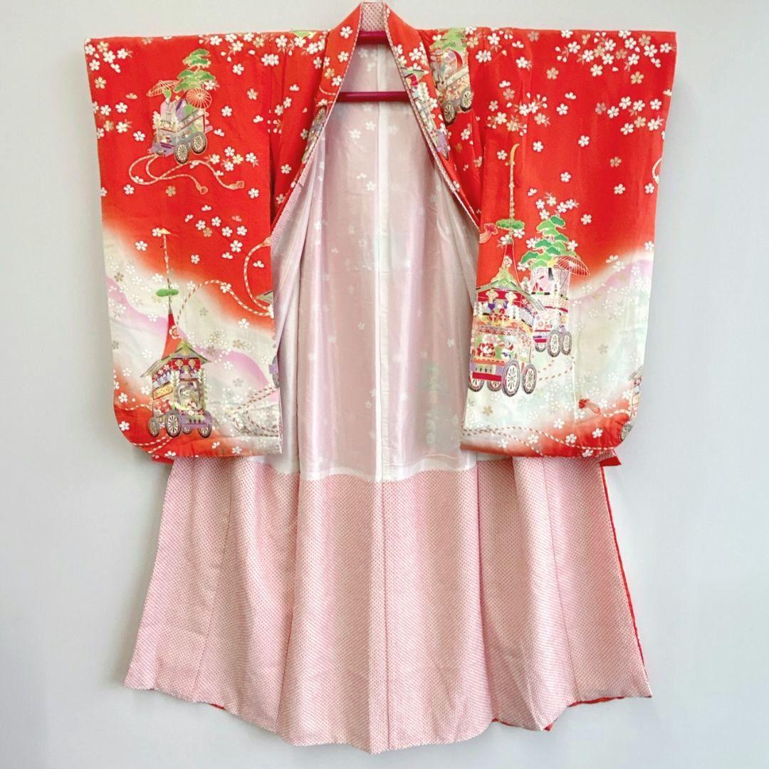 フルセット七五三　7歳女の子　着物＆帯＆簡単半衿＆小物　オレンジ地　比翼　祇園祭