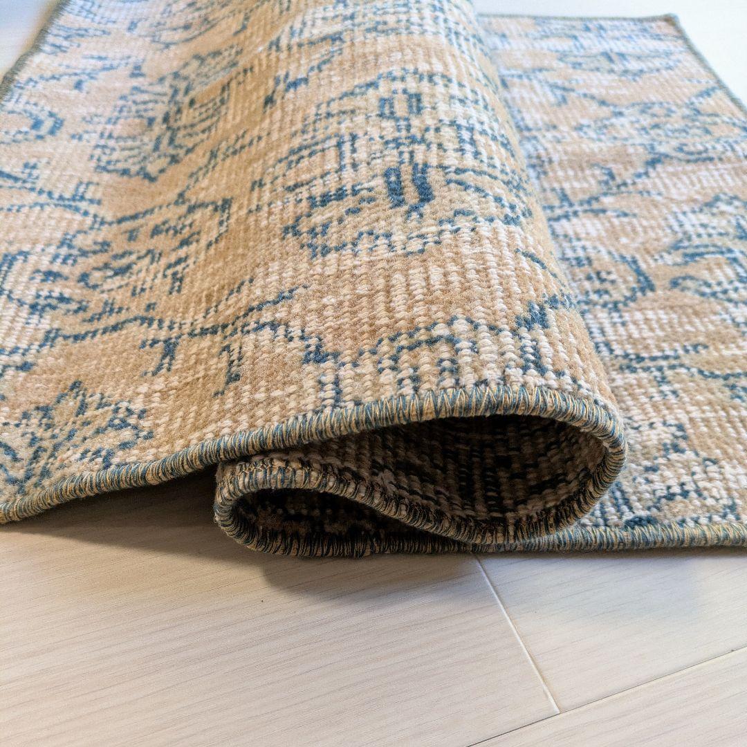 45×77 ベージュ地グリーン紋章柄　トルコヴィンテージラグ（ミニサイズ）