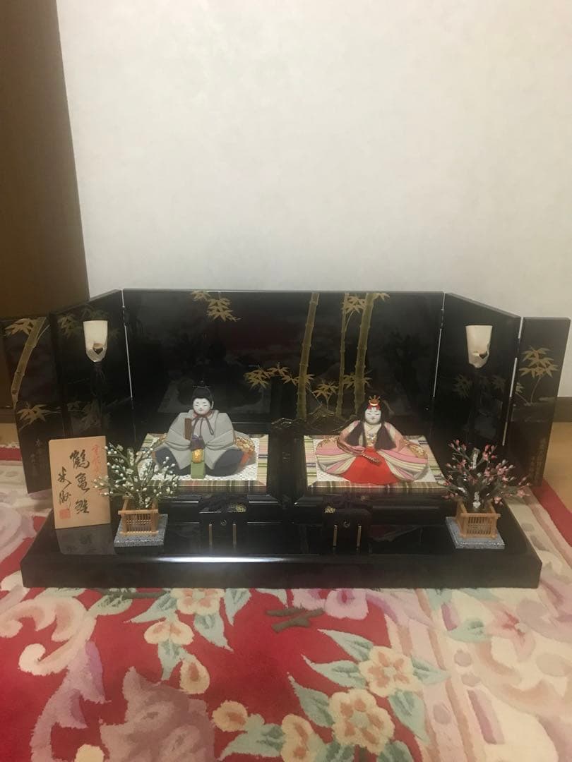 初代石川潤平 木目込　雛人形 鶴亀雛 本金蒔絵黒屏風