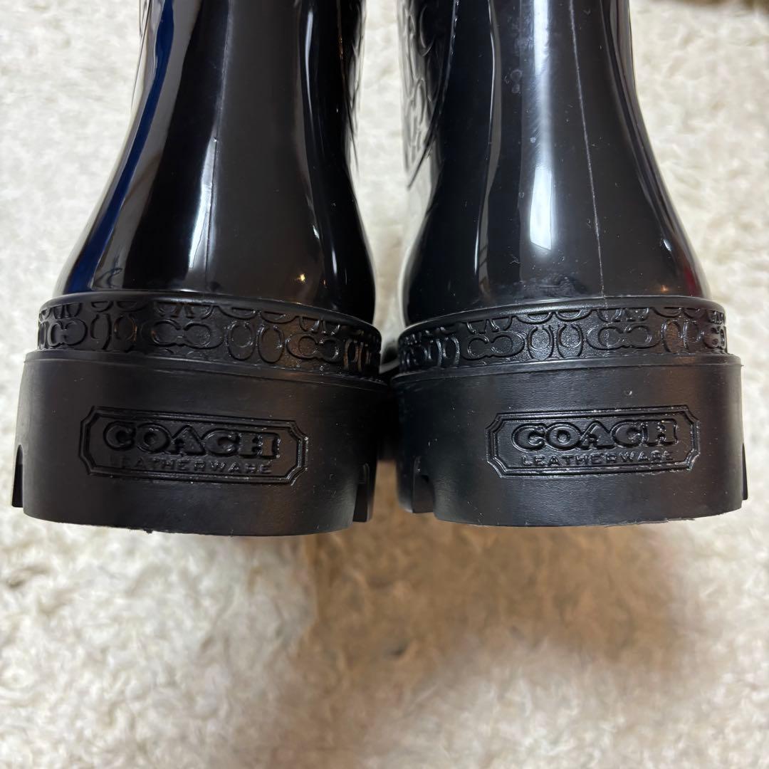 美品　コーチ　レディースレインブーツ　シグネチャー　黒