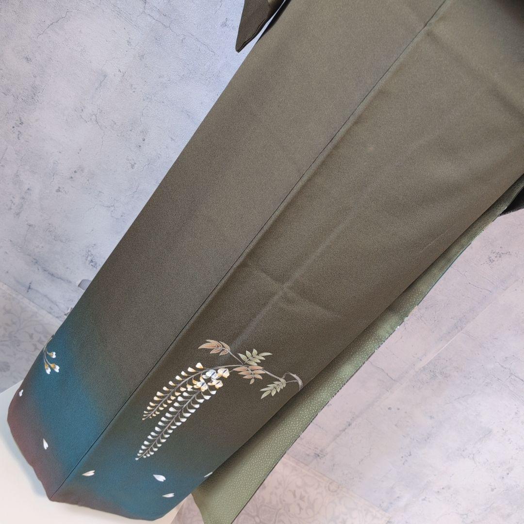 訪問着　フルセット　着物　正絹　カーキ　緑　孔雀の羽　藤の花　祝い事　豪華　A2