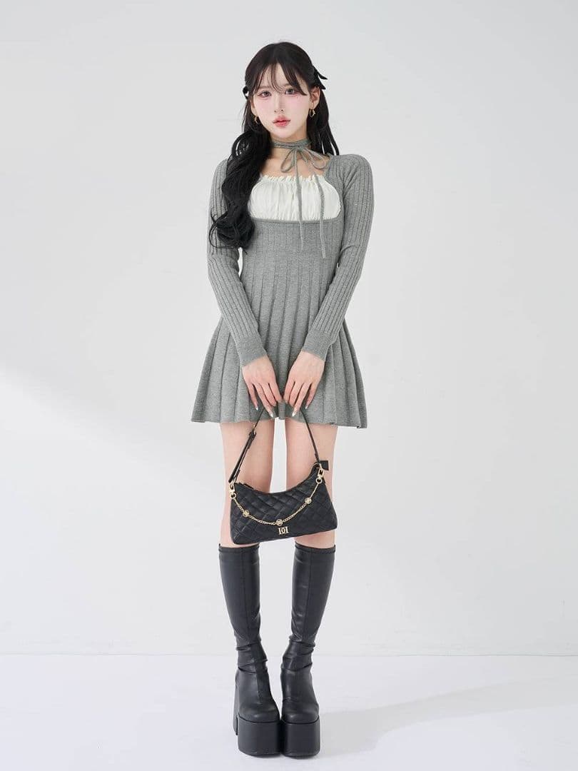 ダーリッチ ネックリボンデザインフレアニットミニワンピース GRY 《F》