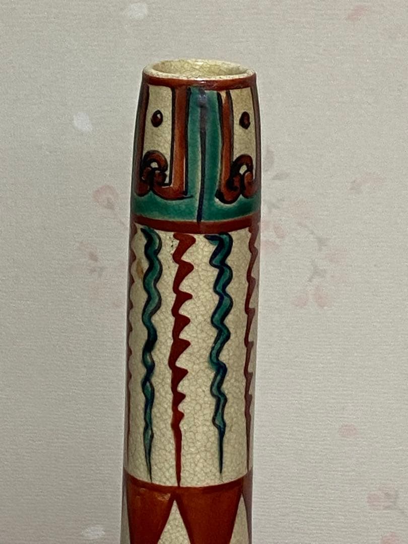 ♦赤絵 赤玉 瓔珞 鋸歯 紋様 鶴首瓶 徳利 九谷焼 越中八尾 大正時代 骨董品