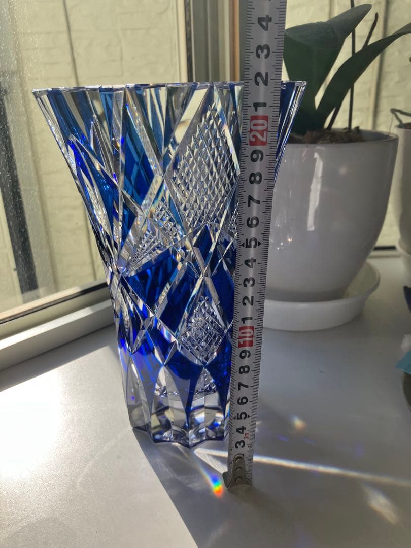 昭和レトロ◆江戸切子◆花器 花瓶◆昭和後期◆青被せ カットガラス