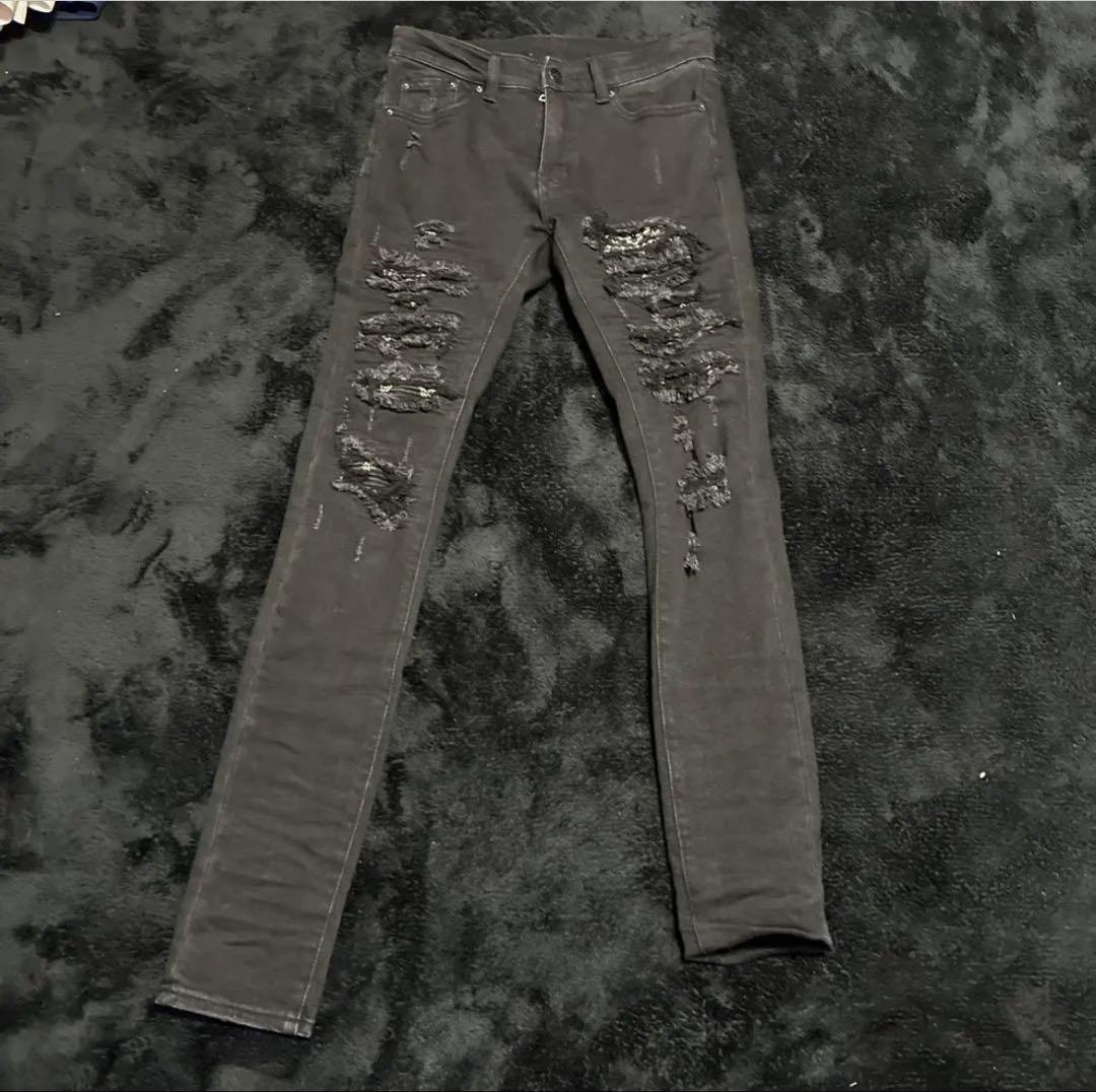 mnml スキニーデニム ブラック ダメージ加工 28