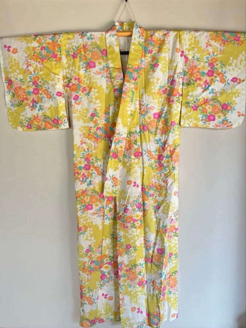 【柴田】美品　撫松庵　黄色に花　単衣／浴衣