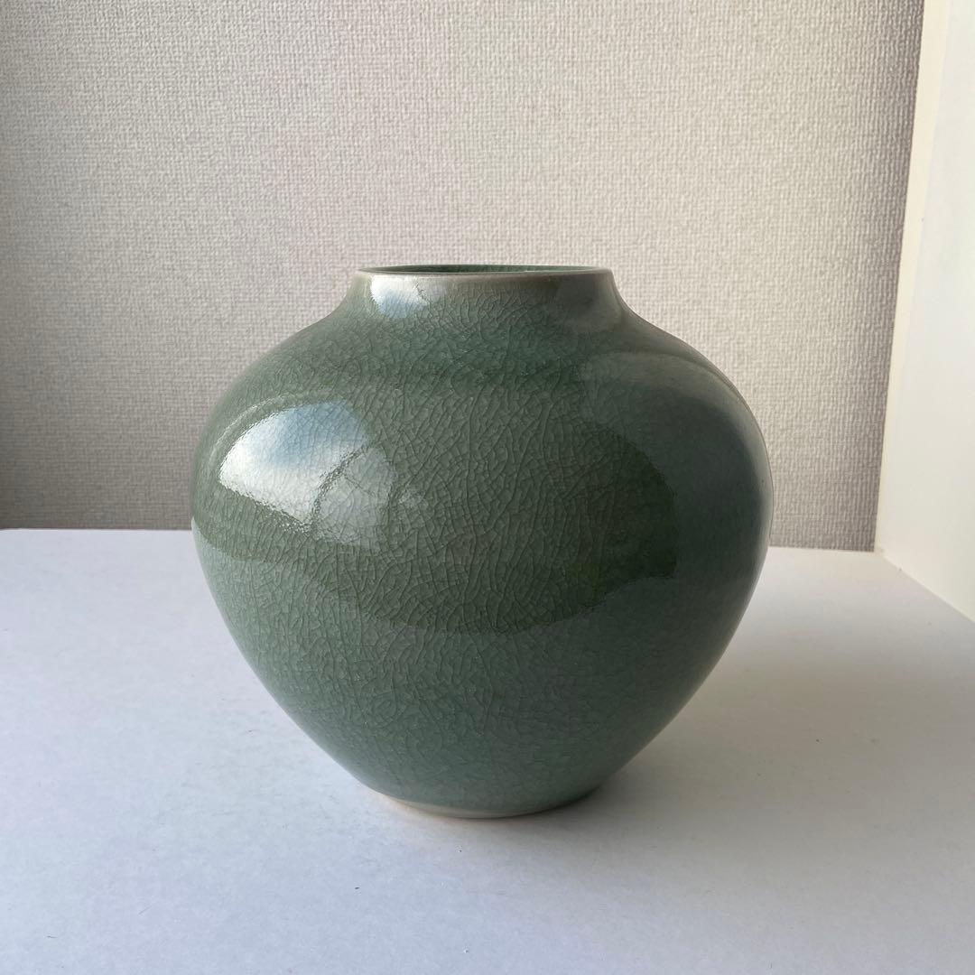 平安橘吉　青磁　花生　共箱