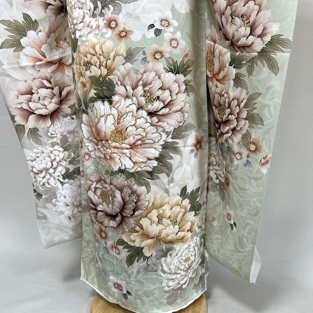 上品なくすみグリーンの牡丹と菊の振袖フルセット