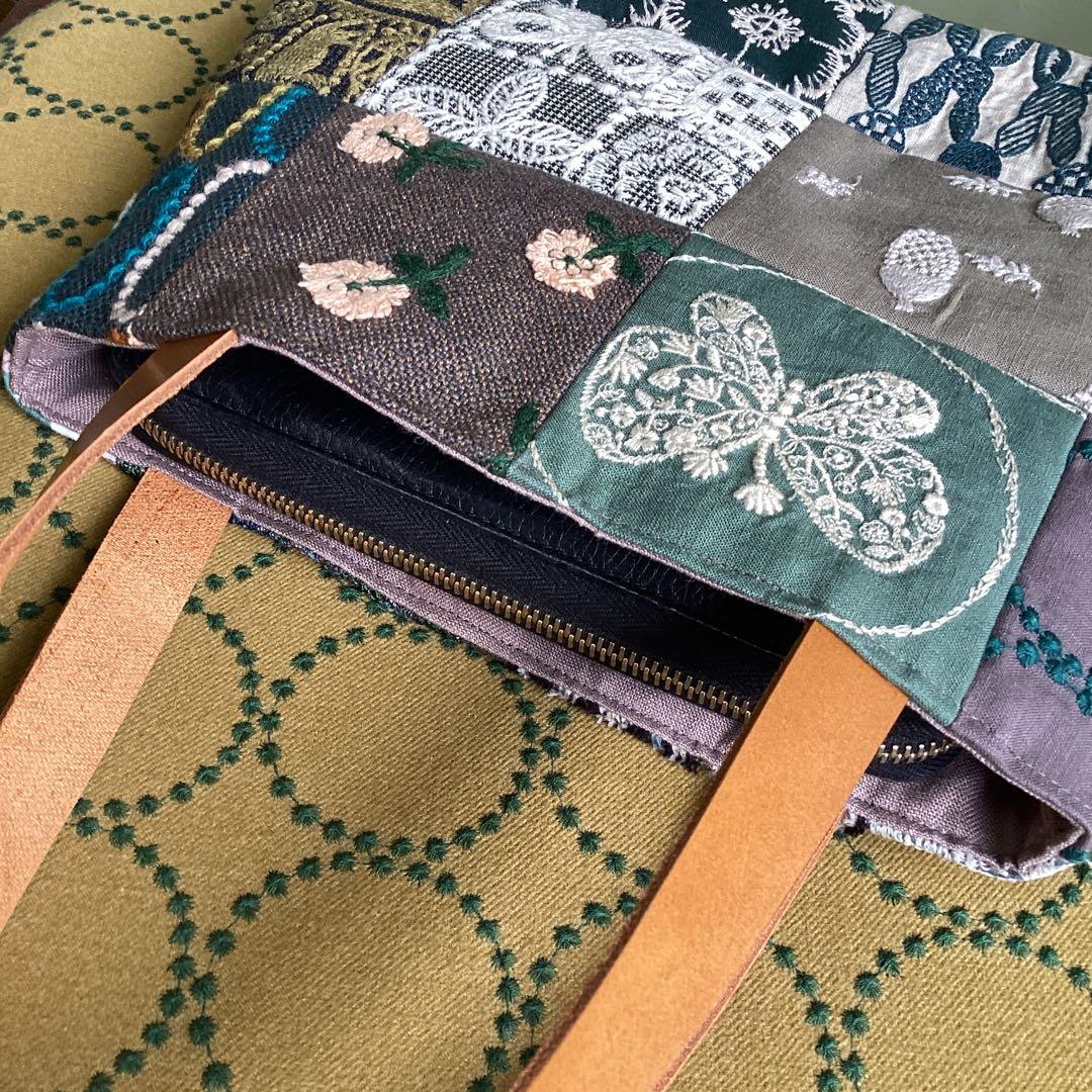 ミナペルホネンハギレをパッチワークふっくらまるみのトートバッグハンドメイド