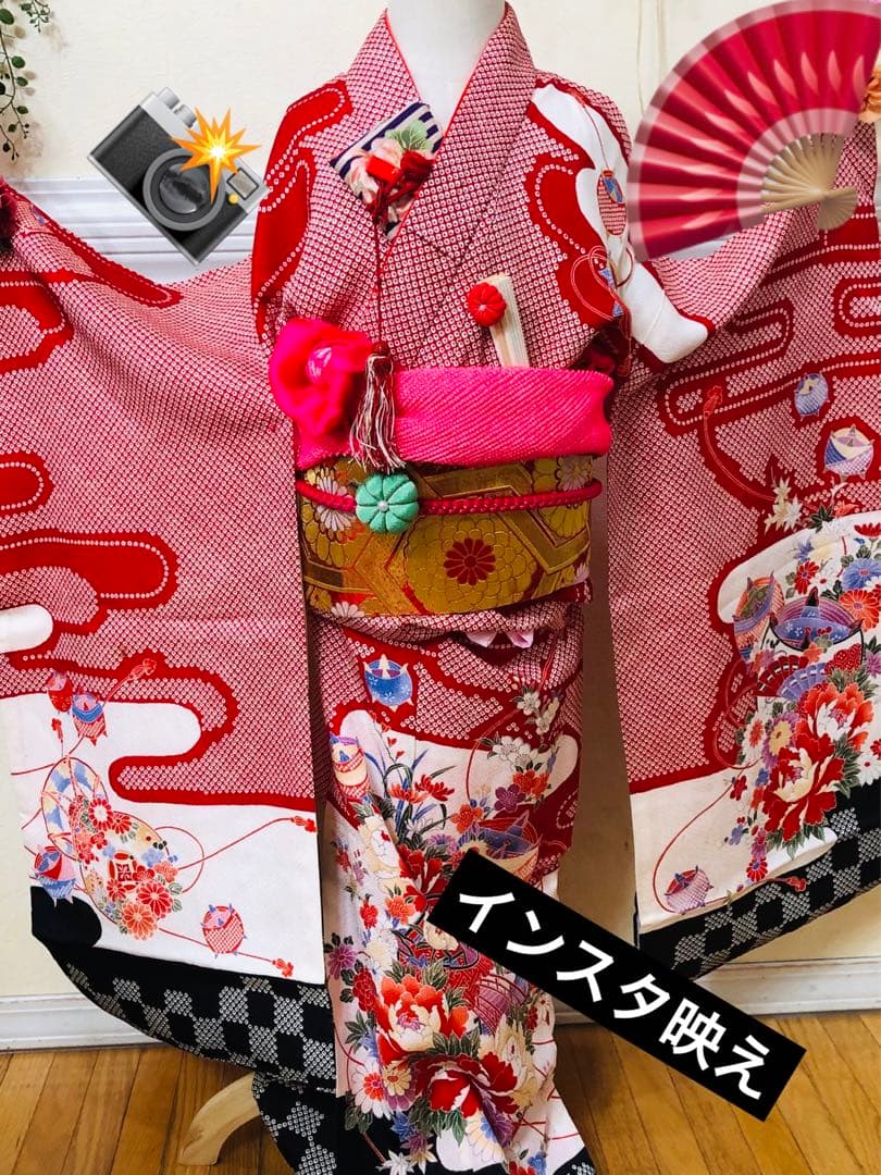 七五三 七歳‼️正絹絞り豪華絢爛‼️手毬花々金彩煌びやか際立つ銘品‼️作り帯楽々人気