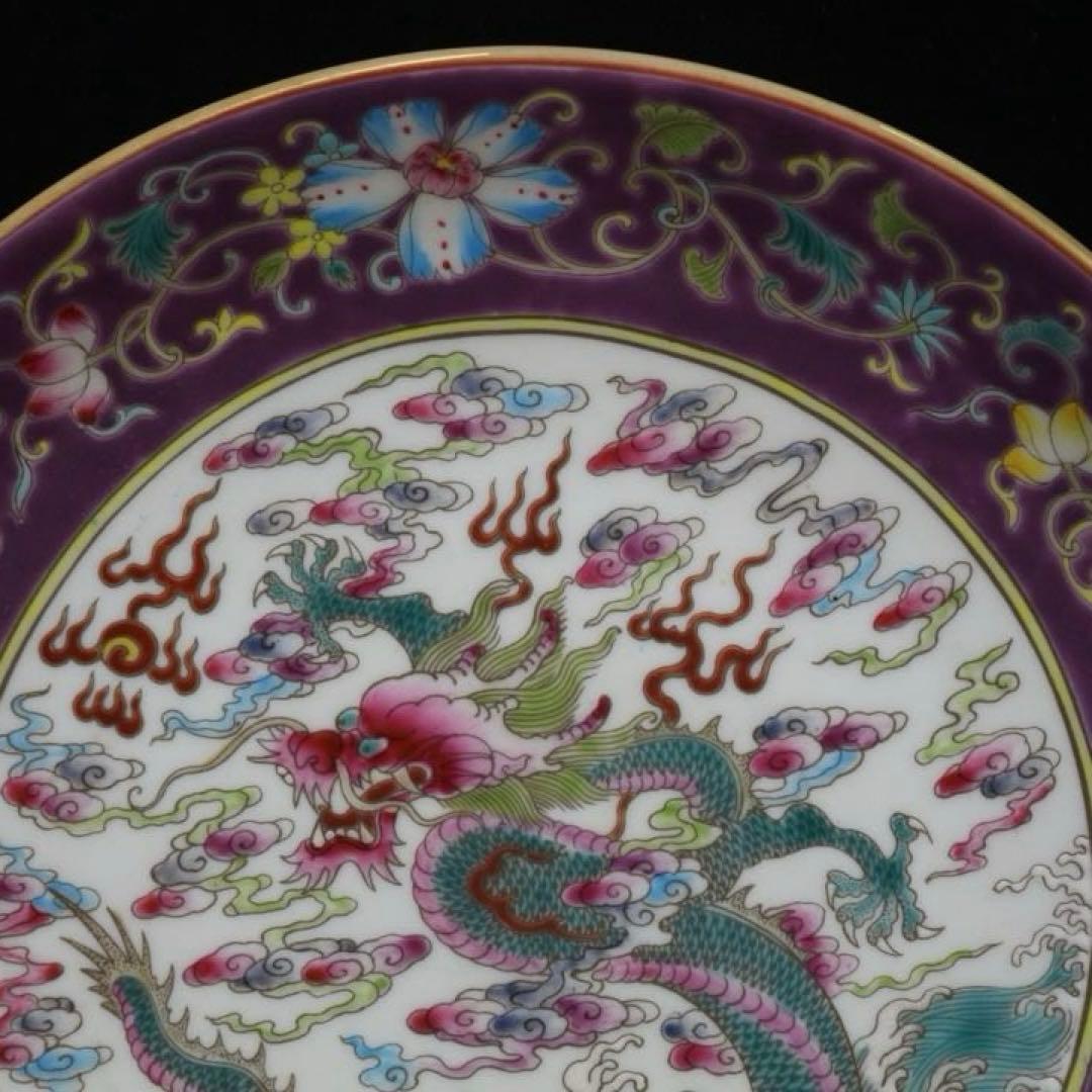 旧家蔵出　清国時代　大型　雍正琺瑯彩 海水龍紋皿 逸品　置物