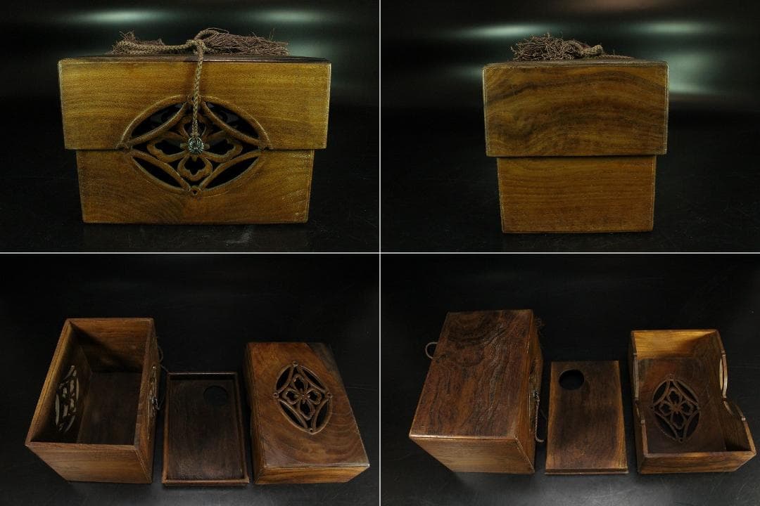 遠州流 桑 七宝透かし 黒柿 茶箱 美品 綺麗寂 時代仕服付(K-A344)