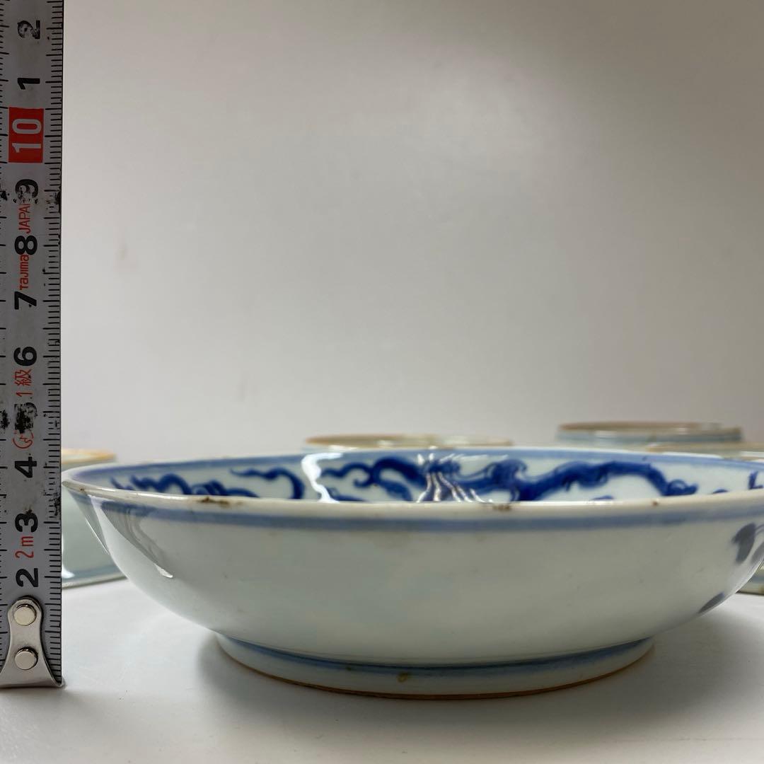 中国清時代　新渡青花龍図中皿　木箱付　直径約16㎝　東Y7-0326☆2F