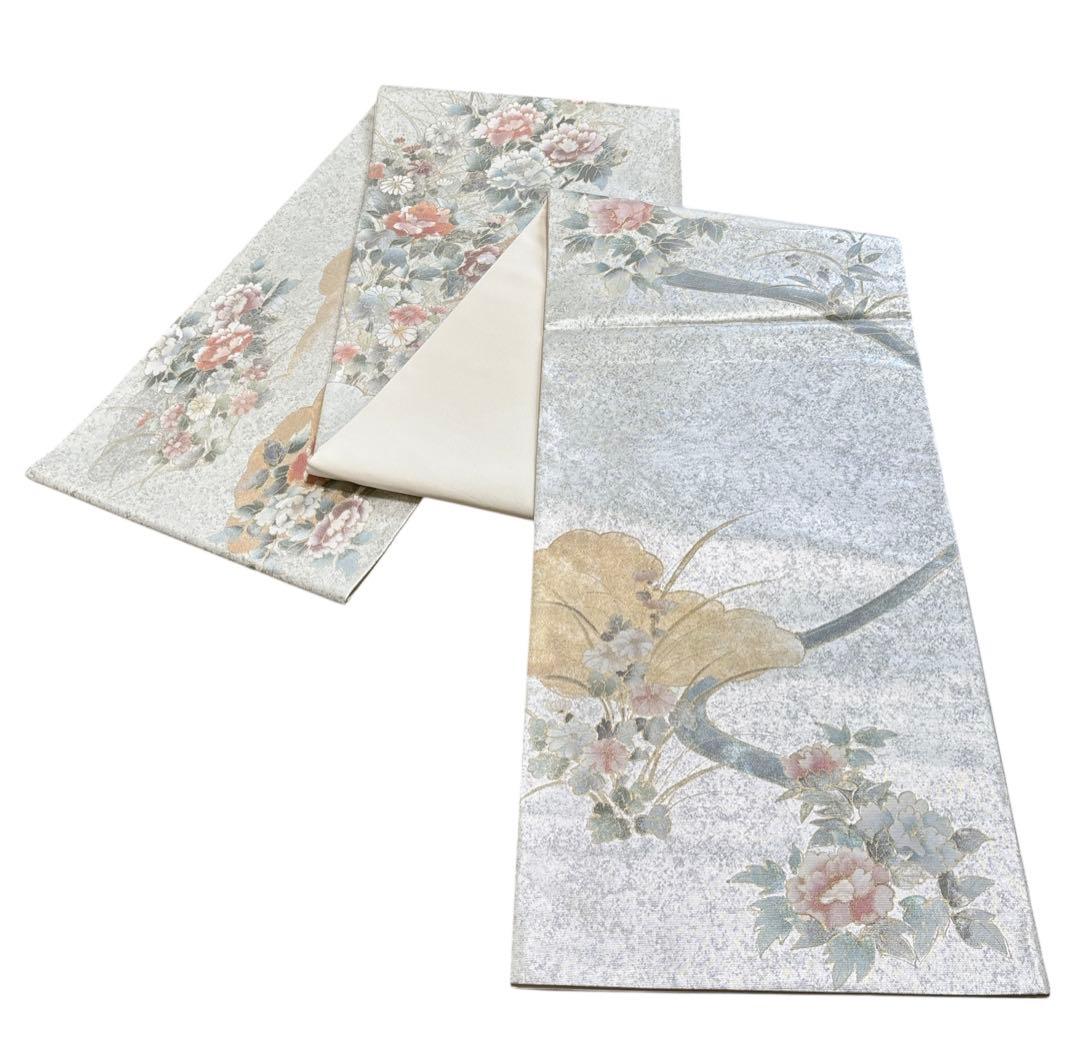 A 182袋帯 六通柄 箔　螺鈿 花草　美品 正絹 着物