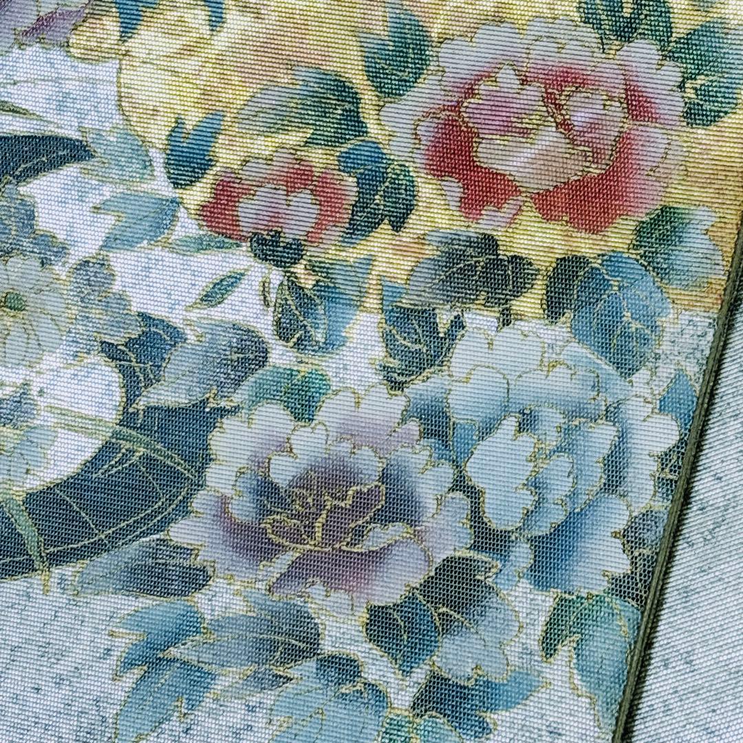 A 182袋帯 六通柄 箔　螺鈿 花草　美品 正絹 着物