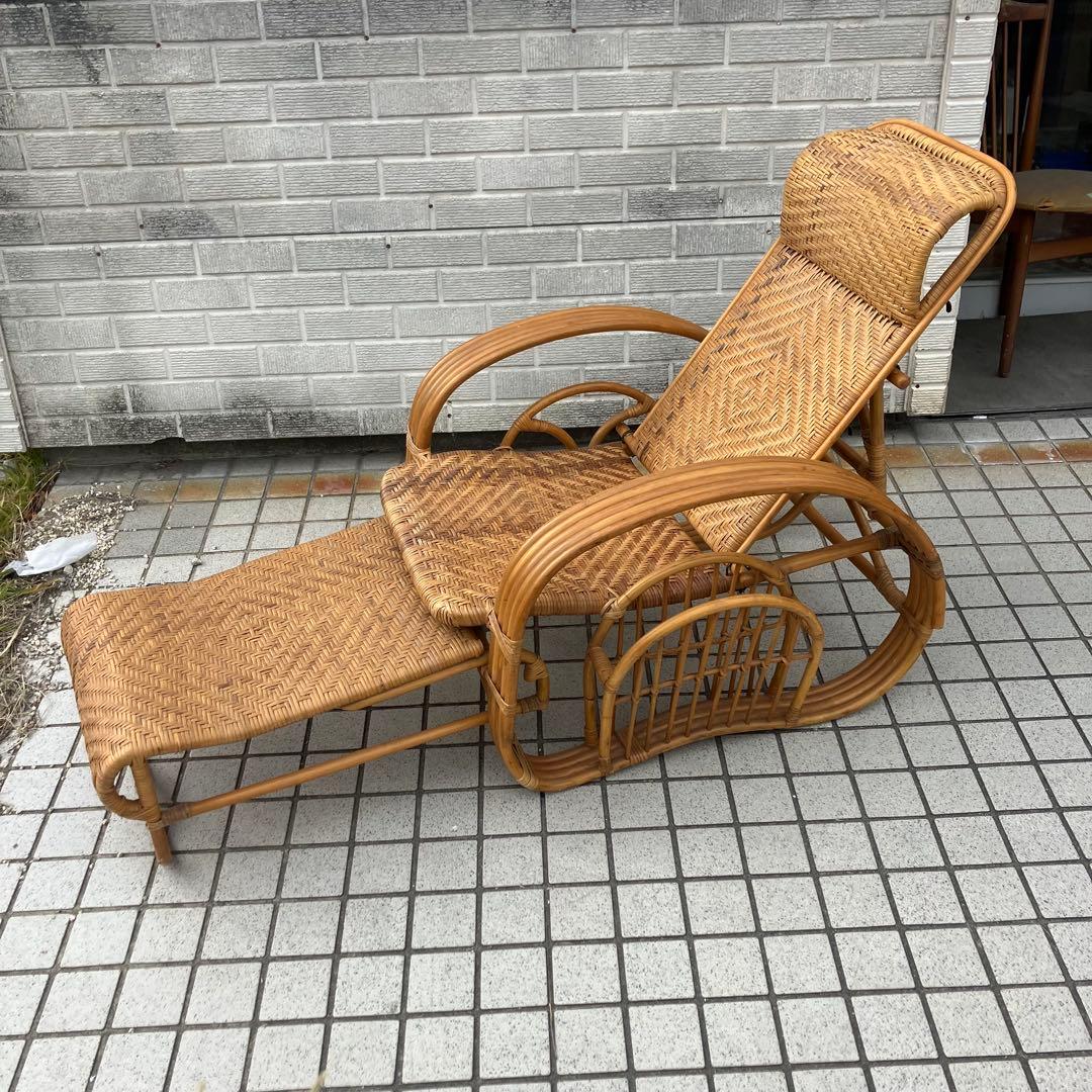 昭和レトロ ラタンリクライニングチェア オットマン付き 籐家具 1人掛けソファー