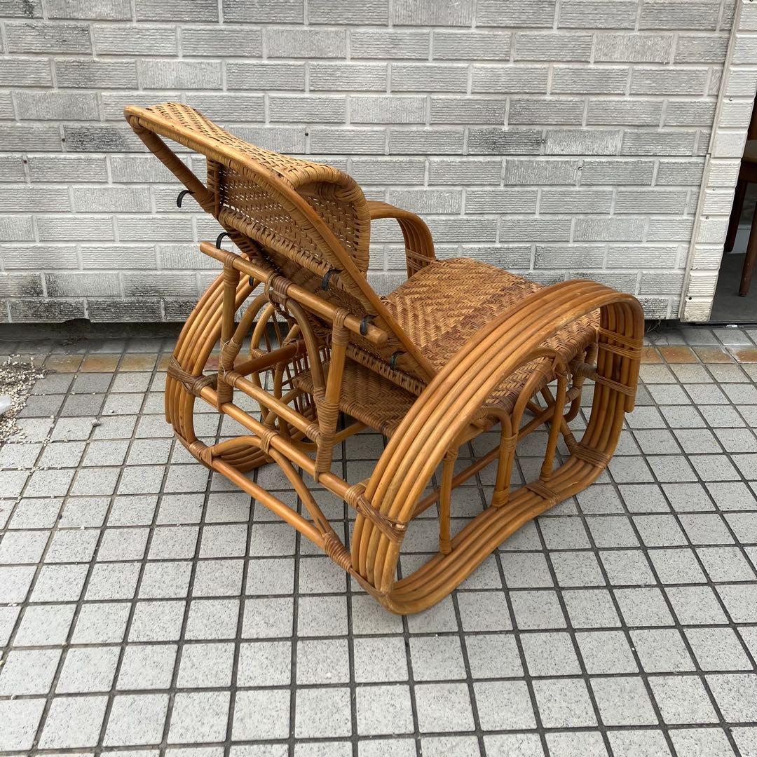 昭和レトロ ラタンリクライニングチェア オットマン付き 籐家具 1人掛けソファー